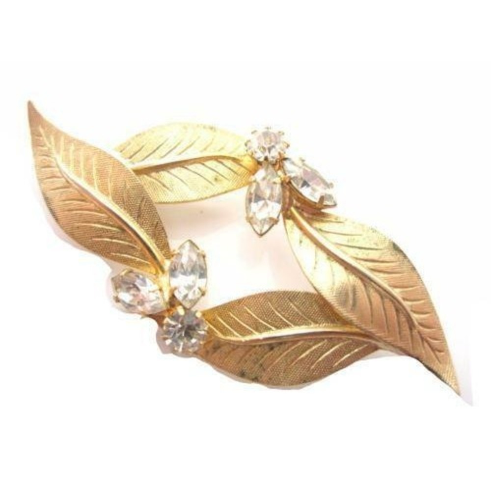 Layered Floral Leaves Vintage Clear Rhinestone Pretty‎ Gold Plated Brooch Pin